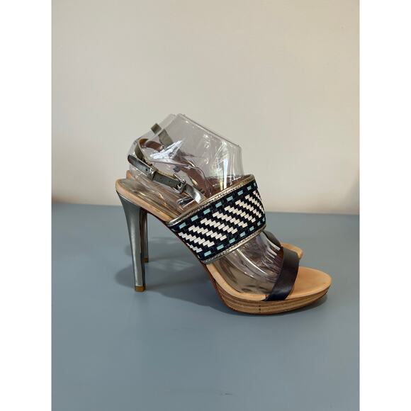 Coach Steffi stilettos size 9.5 navy white woven leather strappy high sandal - Picture 3 of 12